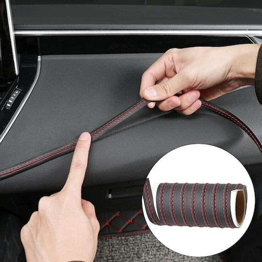 Bandă decorativă interior vehicul 2m lungime din piele ecologică culoare neagră + cusături roșii
