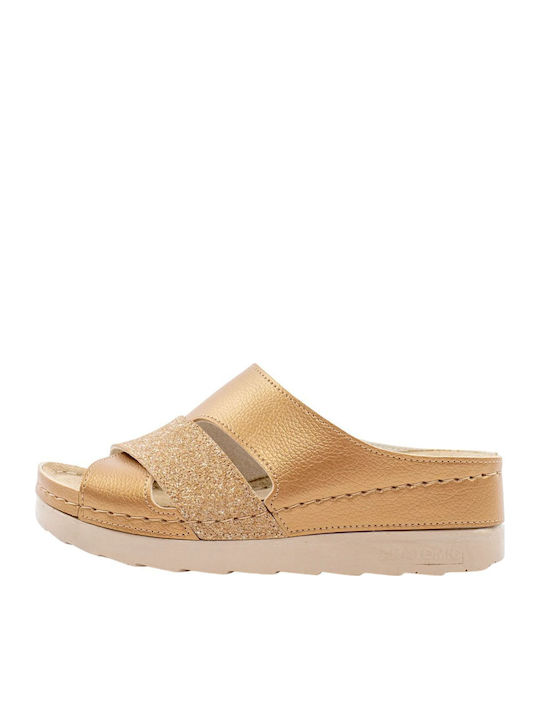 Leather Women's Flat Sandals Anatomic in Gold Color