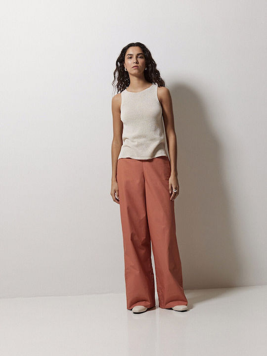 Women's Fabric Trousers with Elastic in Wide Line Orange