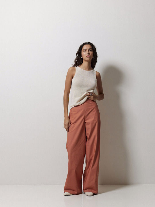 Women's Fabric Trousers with Elastic in Wide Line Orange
