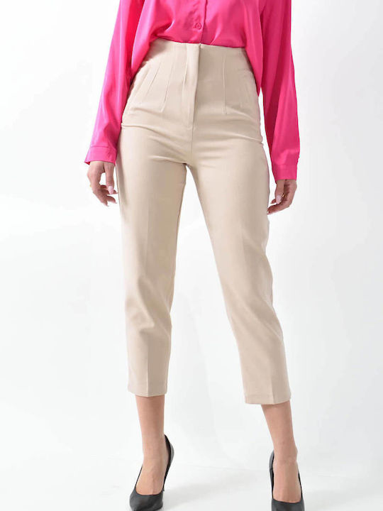 Damen Hoch tailliert Stoff Hose Beige