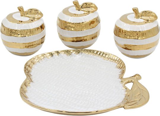 Decorative Ceramic Apples Set of 3 Ø10x10 cm Plate 23.5x24.5 cm White Gold Keskor 78679