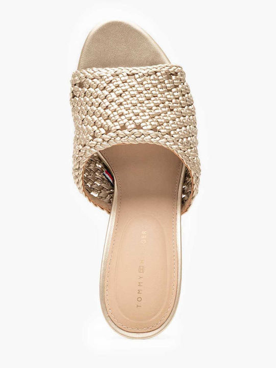 Leder Mules mit Absatz in Gold Farbe