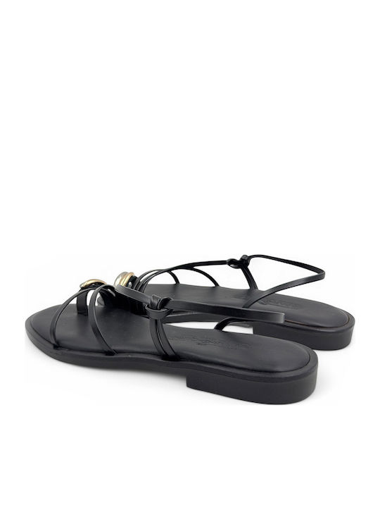 Leather Women's Flat Sandals in Black Color