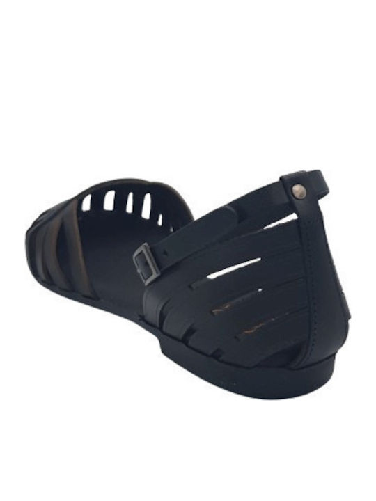 Leather Women's Flat Sandals Anatomic with Strap in Black Color