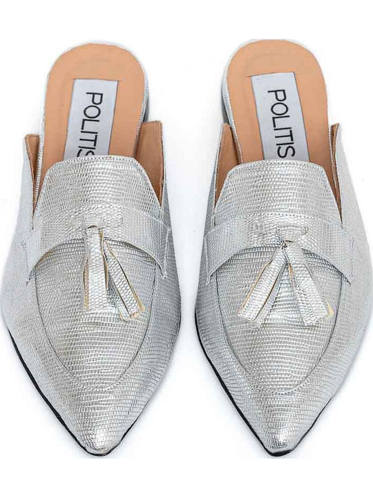 Flat Δερμάτινα Mules σε Ασημί Χρώμα