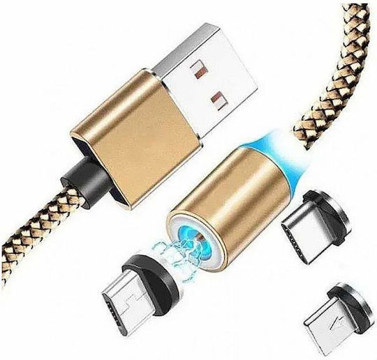 Siks 3в1 Магнитен Кабел за Зареждане Lightning Micro-usb Type-c Златен
