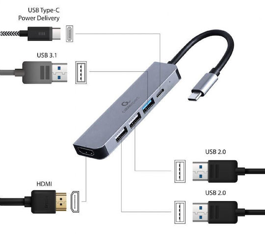 Cablexpert USB-C Docking Station με HDMI 4K PD Γκρι (A-CM-COMBO5-03)