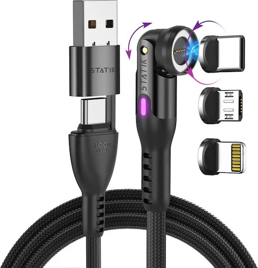 Statik Magnetic Cablu USB la Type-C / micro USB / Lightning cu mai multe porturi Negru 1m (PUP-0520-3FT)
