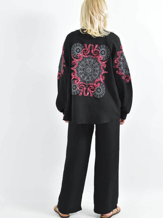 Femei Black Set cu Pantaloni cu elastic cu Croială Dreaptă