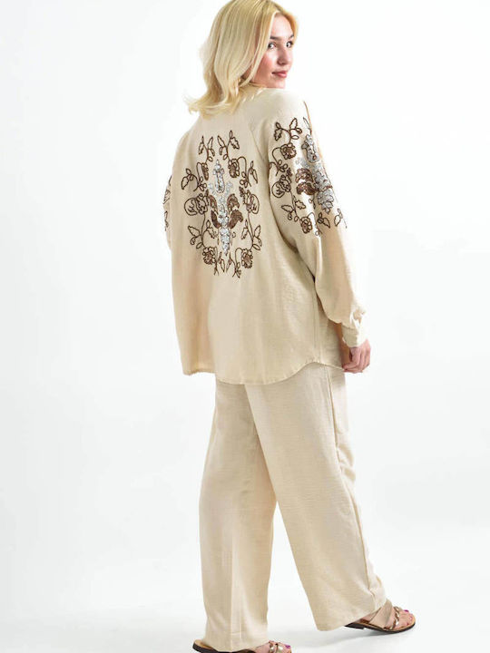 Women's Ecru Set with Pants with Elastic in Straight Line