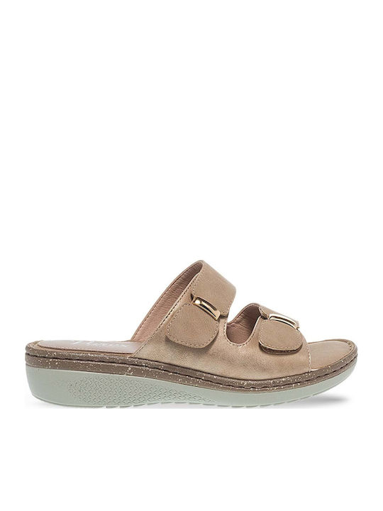 Leather Women's Flat Sandals in Beige Color
