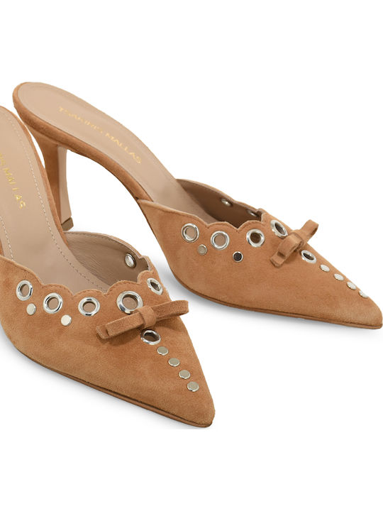 Suede Mules με Ψηλό Τακούνι σε Ταμπά Χρώμα