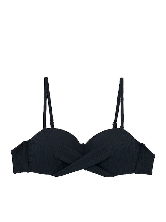 Set bikini fără bretele cu push-up și armătură pentru femei, textură lemn, negru