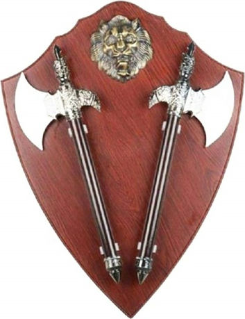 Shield-shaped Set Two Axes Tiger Emblem Wood 55 Cm Burgundy