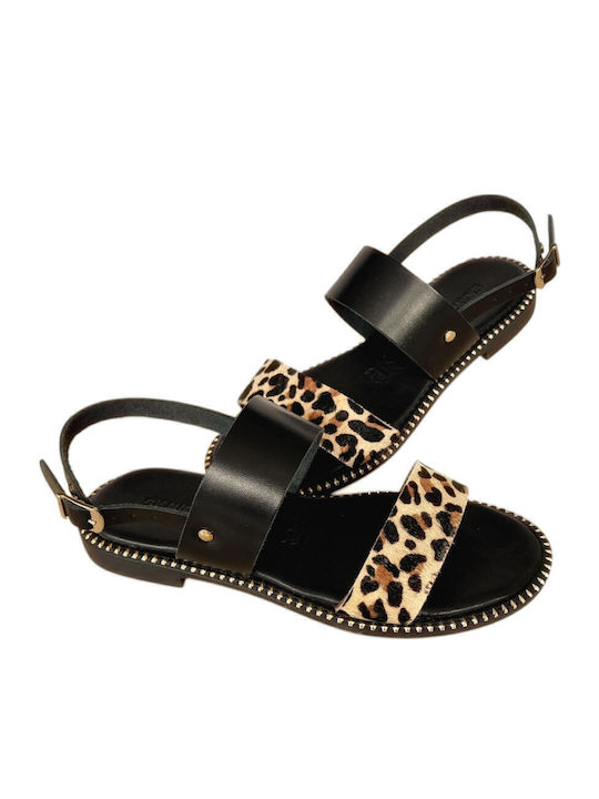 Leather Women's Flat Sandals in Black Color