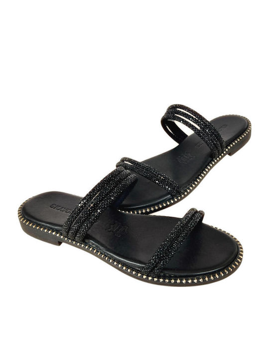 Leather Women's Flat Sandals in Black Color