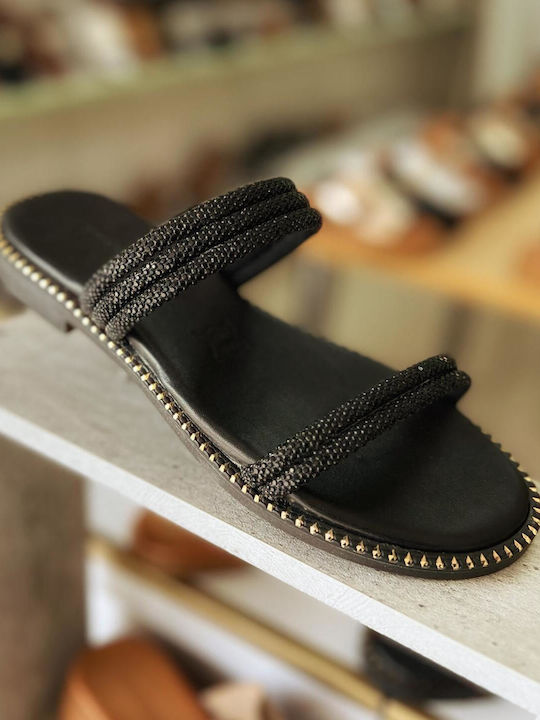 Leather Women's Flat Sandals in Black Color