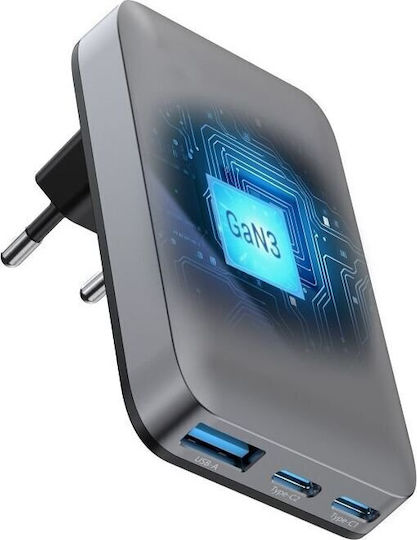 Forcell Φορτιστής Χωρίς Καλώδιο GaN με Θύρα USB-A και 2 Θύρες USB-C 65W Power Delivery / Quick Charge 4.0 Γκρι (F-Energy)