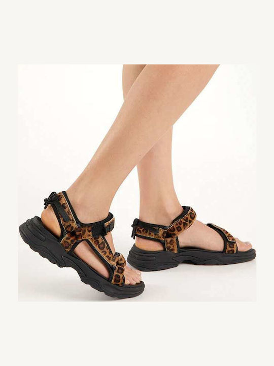 Leather Women's Flat Sandals Sporty in Black Color