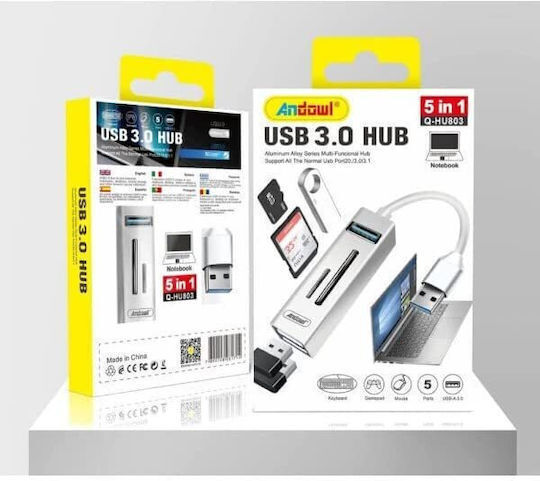 Andowl Q-hu803 3-Port USB 3.0 Hub with USB-A Connection Silver