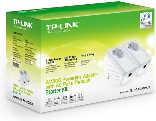 TP-LINK TL-PA4010P KIT v4 Powerline für kabelgebundene Verbindung mit Durchgangssteckdose Steckdose und Anschluss Ethernet