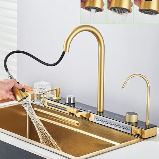 Drop-In Chiuvetă Inox cu robinet L75xW46cm Auriu