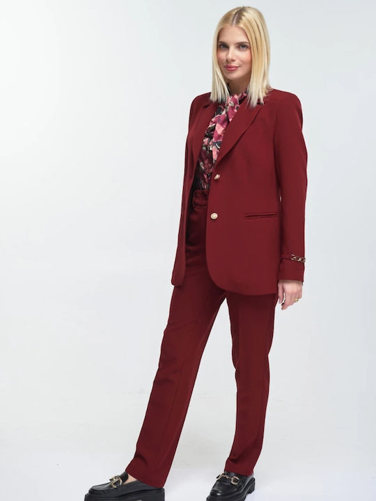 Fibes Damen Krepp Mittellang Blazer Burgundy