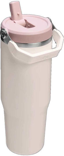 Stanley Iceflow Flip Straw Glass Thermos Stainless Steel BPA Free 890ml Rose Quartz with Straw and Handle
