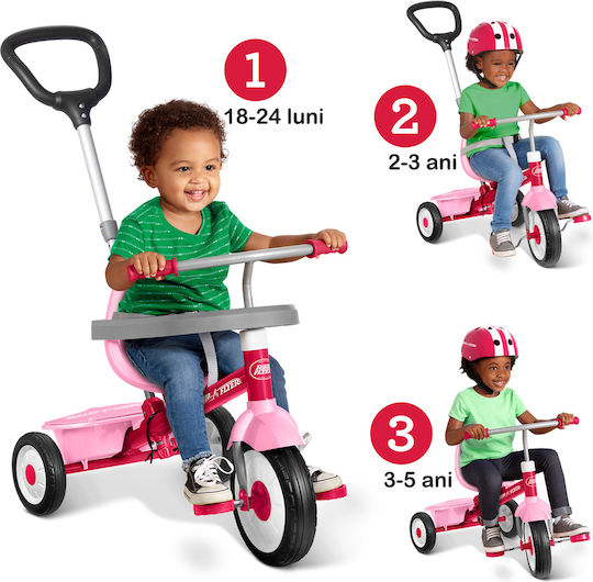 Radio Flyer Tricicletă Pentru Copii Cu Mâner Pentru Părinți 3 În 1 Pentru Vârsta 3-5 Ani Roz