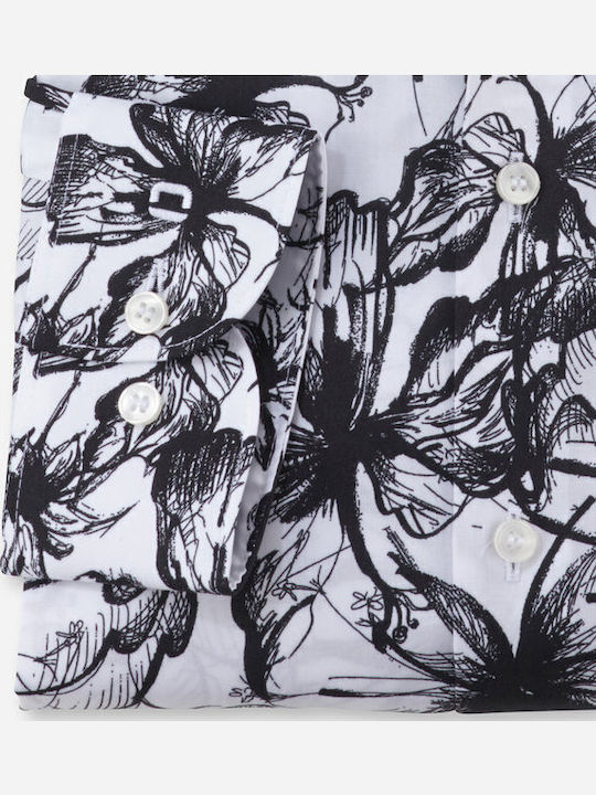 Level 5 Μακρυμάνικo Πουκάμισο σε Στενή Γραμμή Floral Άσπρο