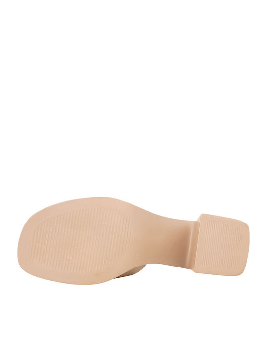 Mons Leather Mules with Heel in Beige Color