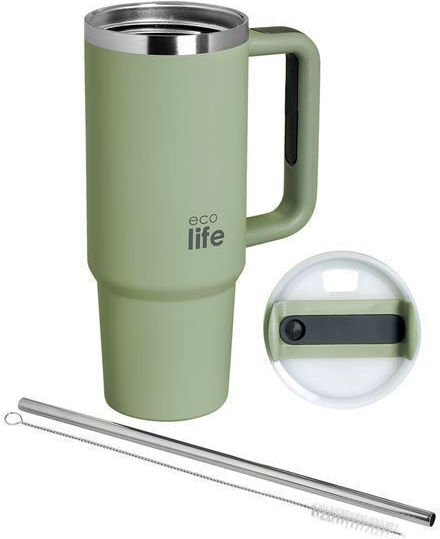 Ecolife Handled Tumbler Recyclable Handled Tumbler Thermos Stainless Steel BPA Free 900ml Bay Leaf with Straw and Handle