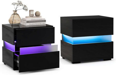 Costway Set of 2 LED Bedside Tables High Gloss 2 Drawers Black 40 x 35 x 50 cm Jv10830dk-2