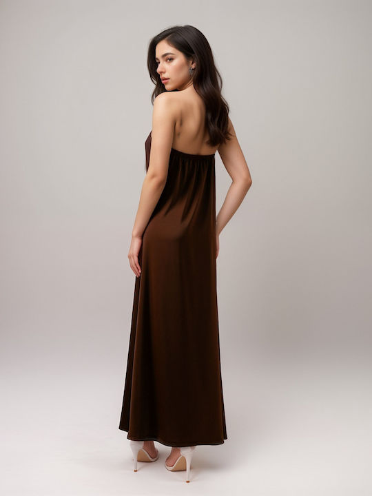 Summer Maxi Evening Satin Brown Dress