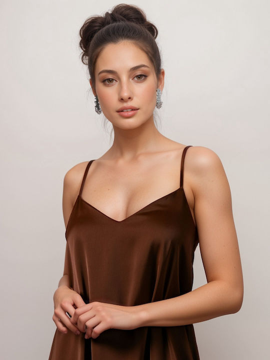 Summer Maxi Evening Satin Brown Dress