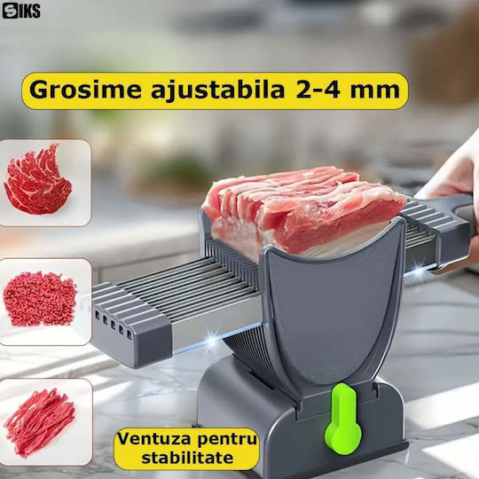 Professional Meat Slicer Siks Manual Portable Multiple Stainless Steel Blades Adjustable Thickness 2-4mm Strips Slices Cubes Meat Includes Suction Cup Stability Stand Brush Gray