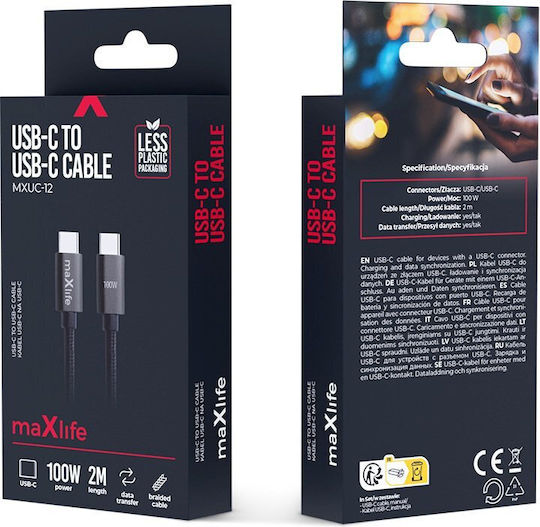 Maxlife USB 2.0 Cable USB-C male - USB-C 100W PD Μαύρο 2m