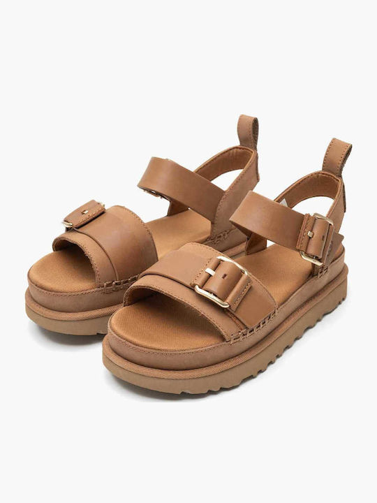 Goldenstar Leather Women's Flat Sandals with Strap Flatforms in Tabac Brown Color