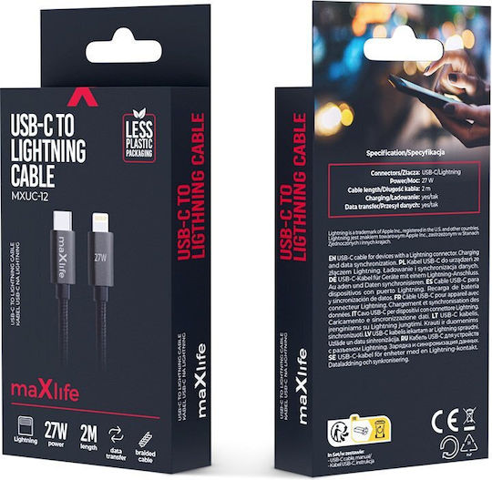 Maxlife USB-C to Lightning Cable 27W Μαύρο 2m