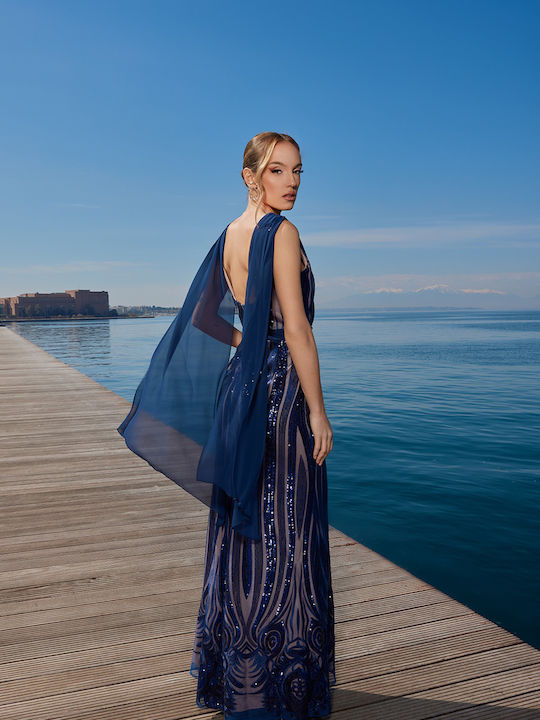 Maxi Dress for Wedding - Christening Open Back Blue