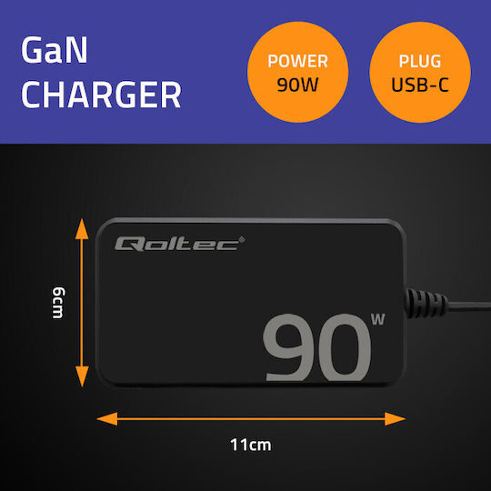 Charger 90W GaN Super Fast Slim PD 5-20V 4.5A USB-C 3.1 Laptop MacBook Smartphone Qoltec