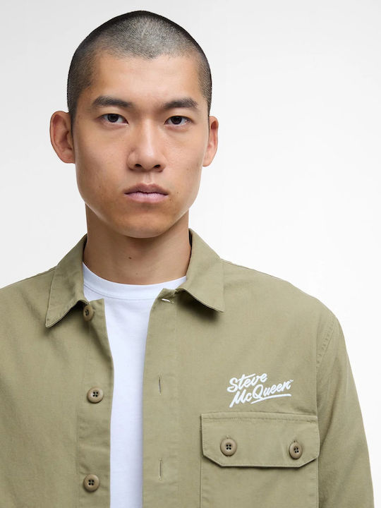Long Sleeve Cotton Overshirt in Regular Fit Bleached Olive