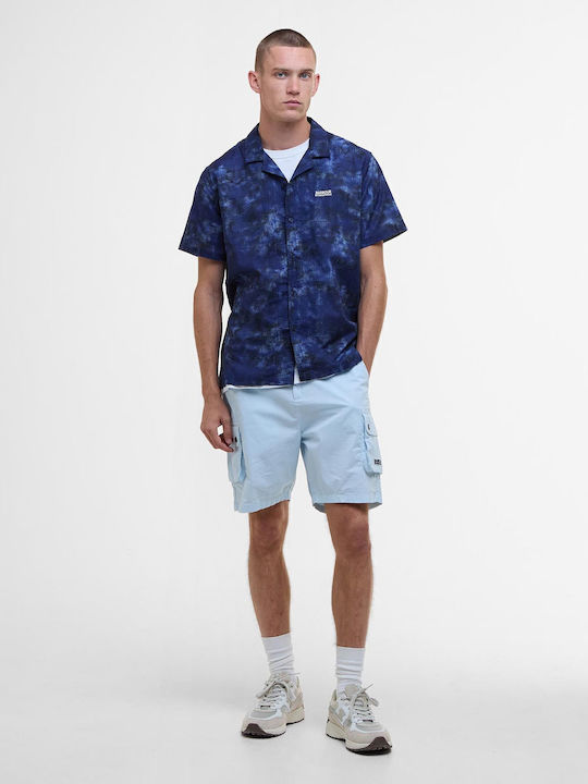 Short-sleeved Cotton Shirt in Wide Line Camo Midnight Blue