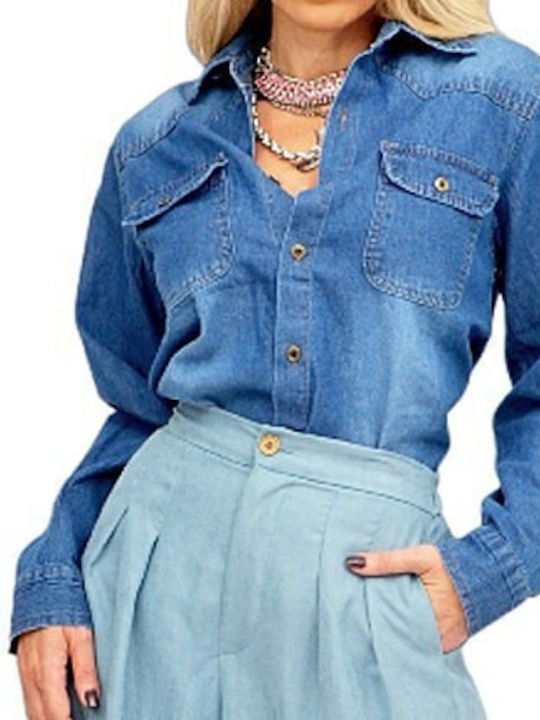 Дълъг ръкав Женска Дънково Риза Denim Blue