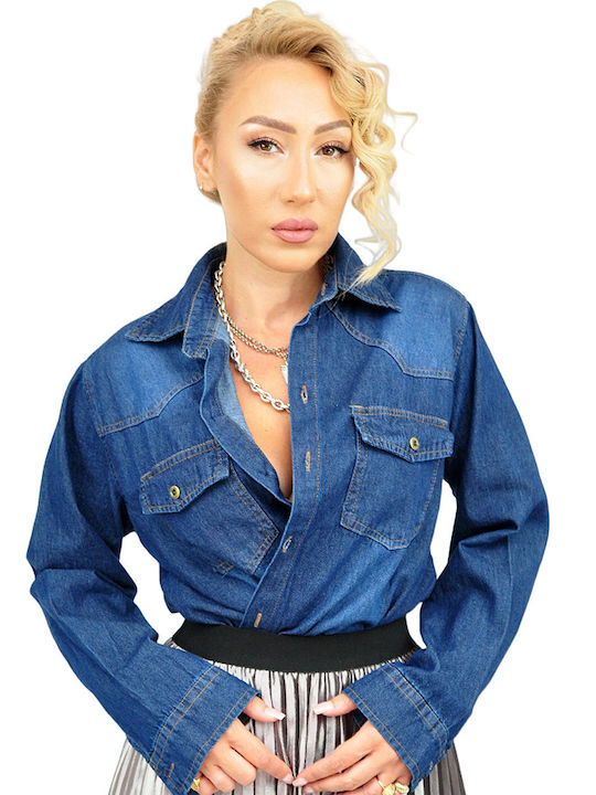 Langärmelig Damen Denim Hemd Dark Blue