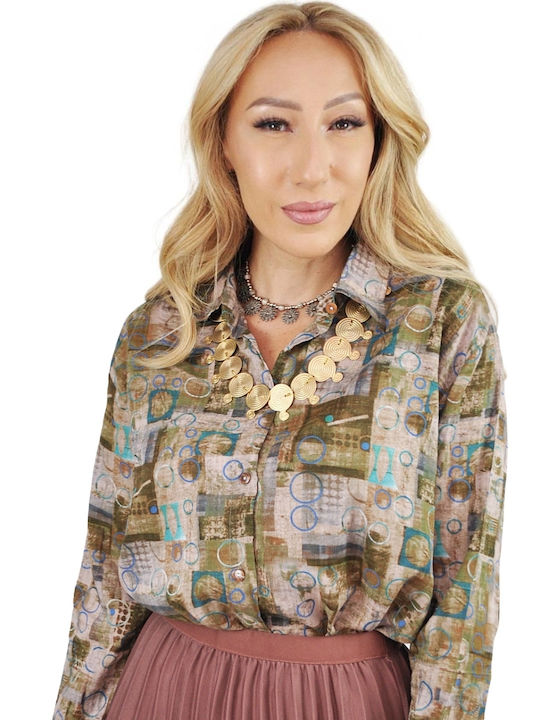 Langärmelig Damen Hemd Beige Druck