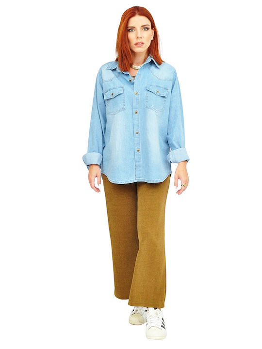 Langärmelig Damen Denim Hemd Blue