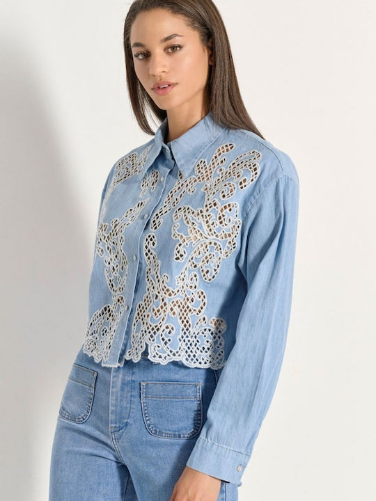 Women's Denim Monochrome Long Sleeve Shirt Light Blue
