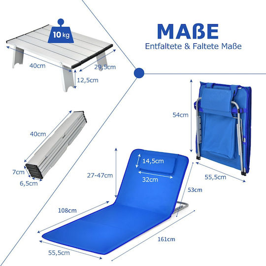 Costway Foldable Aluminum Beach Sunbeds Blue with Pillow 151x55.5x27cm 2pcs